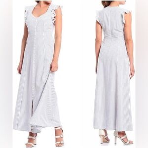 Gianni Bini White & Light Gray Striped Ruffle Sleeve Maxi Dress